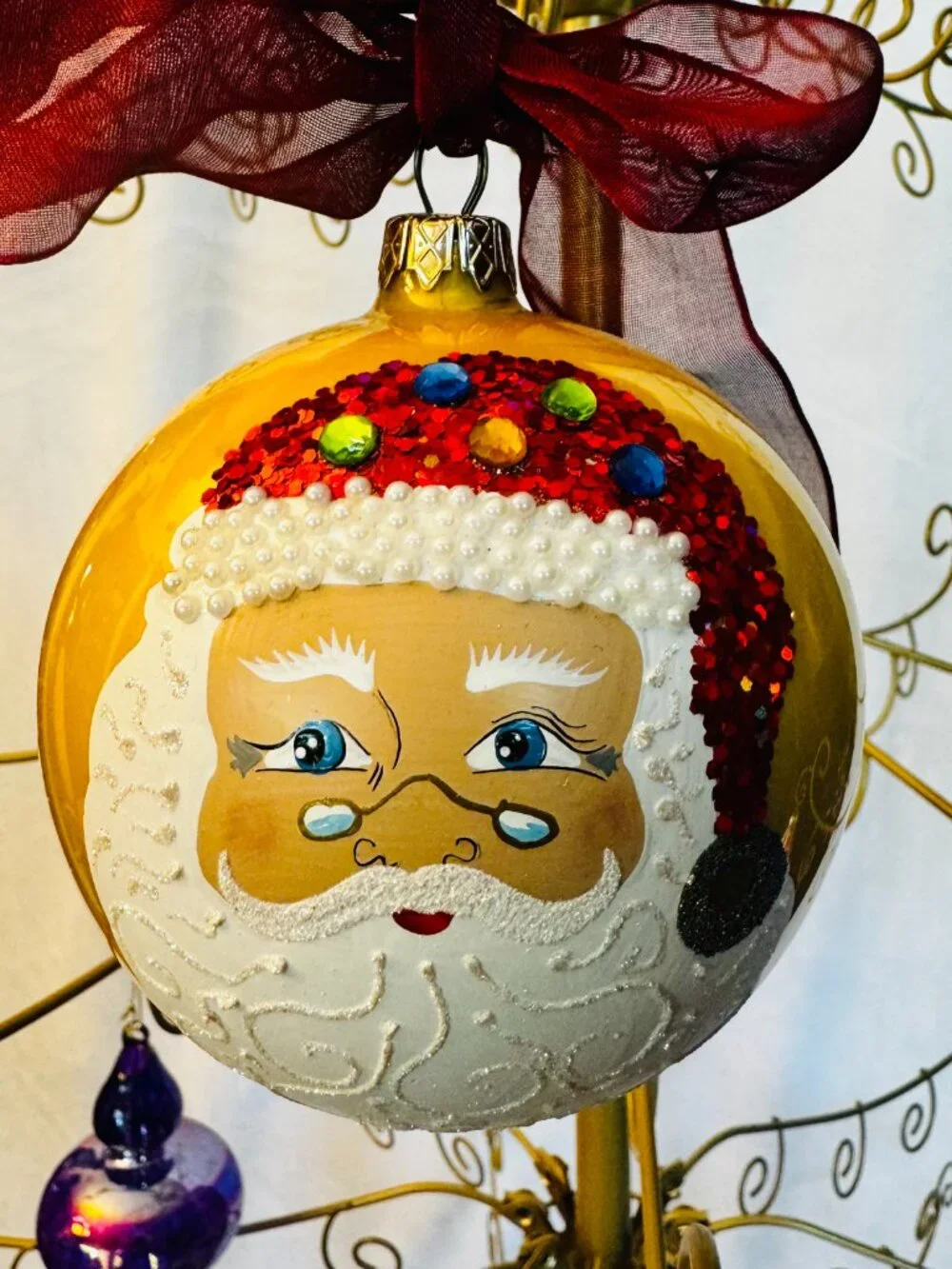 Vtg Nelson Trade Collectors Series Jumbo Beaded Glass Santa Claus Christmas Orna